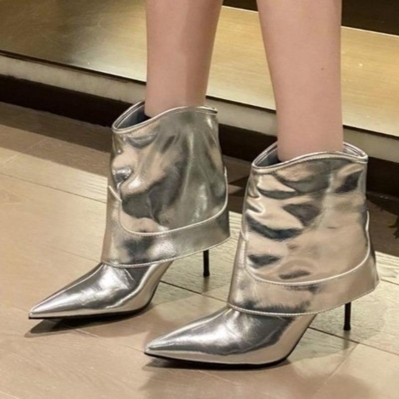 

Мода 2025 Новые женские ботильоны с острым носком на высоком каблуке, дизайнерская элегантная обувь, зимние снежные челси, короткие ботинки, туфли-лодочки для платья 39 серебряный