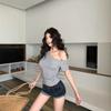 Korean Gray Slanted Shoulder Short-sleeved T-shirt Women's Summer New Pure Desire Style Spice Girl Slim Short T-shirt Off-shoulder Top Tide