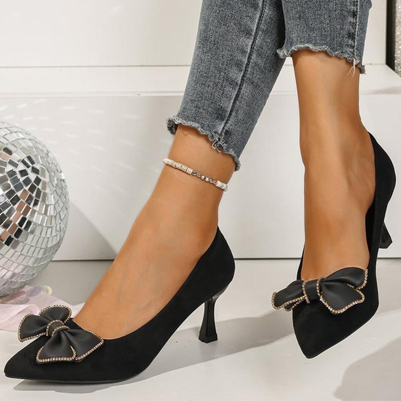 Fashion Elegant Crystal Bowknot Pumps Women 2025 Soft Faux Suede Heel Pumps Woman Fashion Pointed Toe Party High Heels Shoes Female