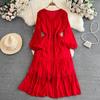 Elegant Green Bohemian V Neck Lantern Sleeve A Line Vestido Holiday Party Dress Sweet Chic Casual Women Fashion Solid