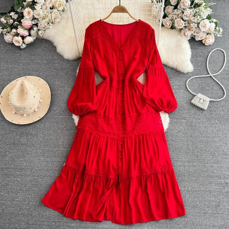 Elegant Green Bohemian V Neck Lantern Sleeve A Line Vestido Holiday Party Dress Sweet Chic Casual Women Fashion Solid