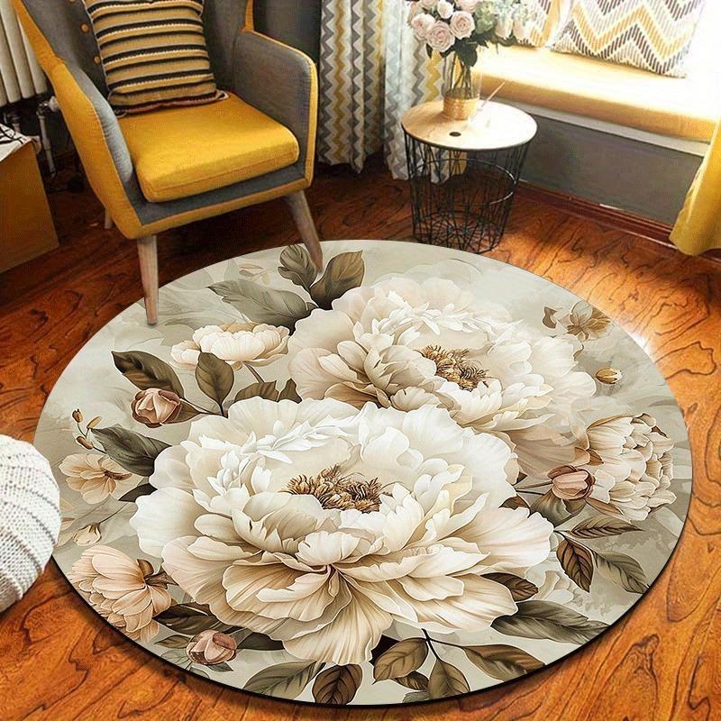 Elegant Peony Floral Round Rug Non-Slip Machine Washable Floor Mat 2D Flat Soft Area Rug for Living Room Bedroom Home Decor