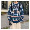 Long Sleeve Animal Print Knit Sweater Teens Loose Fit Round Neck Couple Wear Red Blue