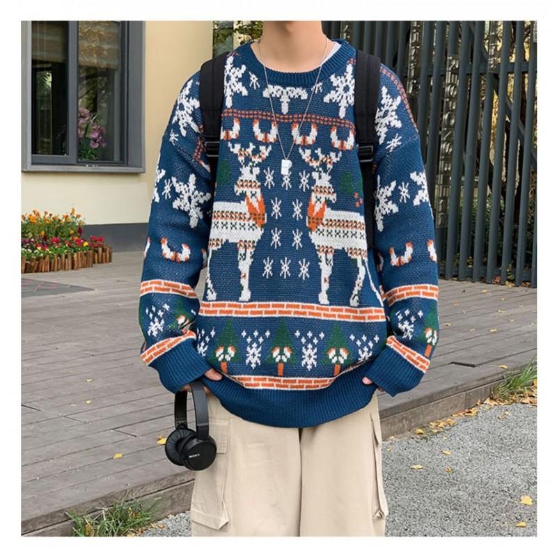 Long Sleeve Animal Print Knit Sweater Teens Loose Fit Round Neck Couple Wear Red Blue