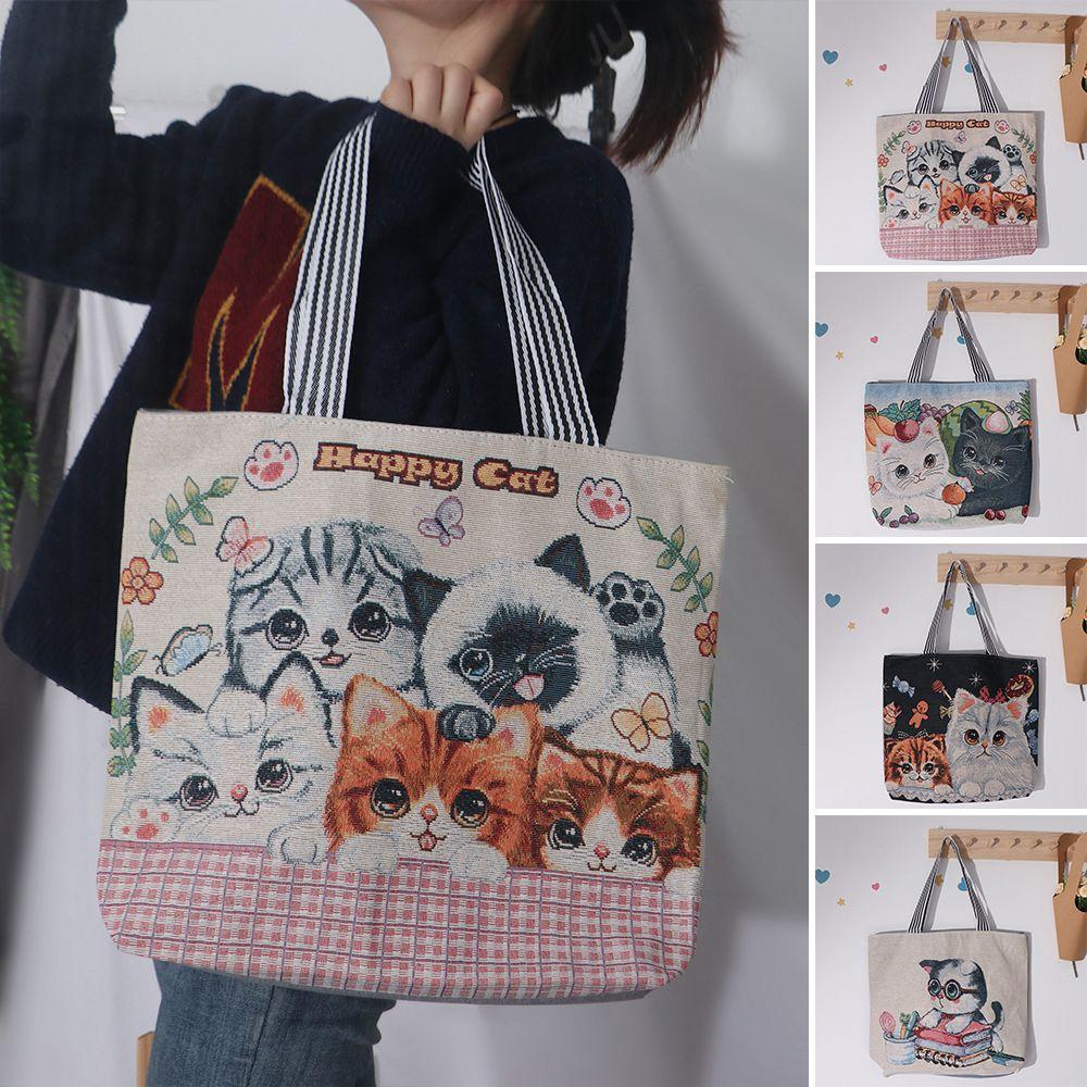 Embroidery Cute Cat Cloth Bag Canvas Animal Shoulder Bag Ethnic Style Handbag  Grocery Handbags