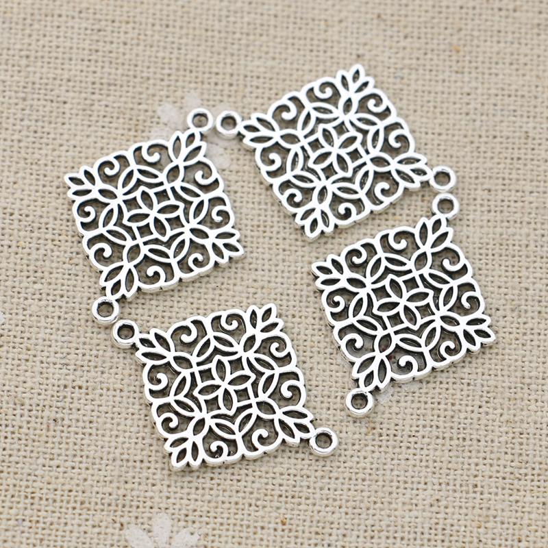 10Pcs Antique Silver Plated Square Flower Charm Connectors For Making Bracelet Handmade Diy Jewelry Accessories 28X22Mm