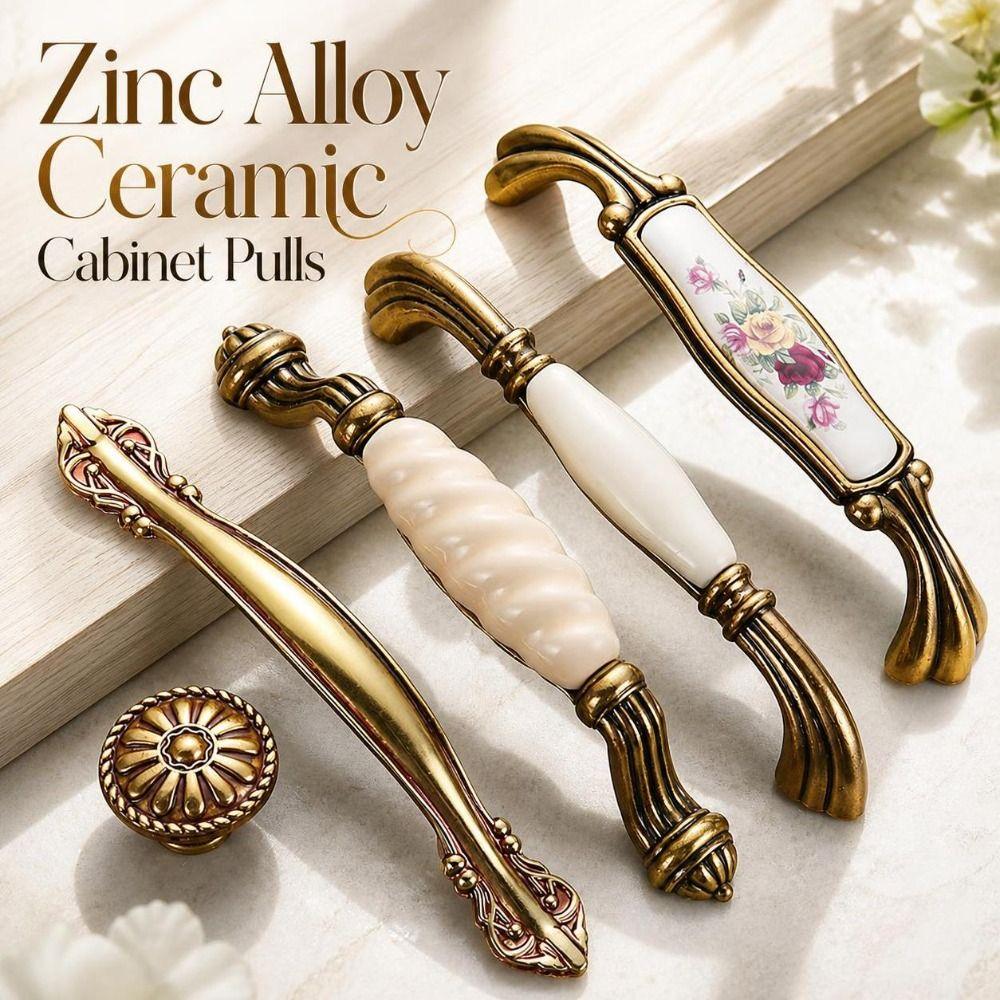 Zinc Alloy Ceramic Cabinet Pulls Antique Gold Retro Vintage Drawer Handles European Style Sturdy Antique Dresser Knobs Furniture