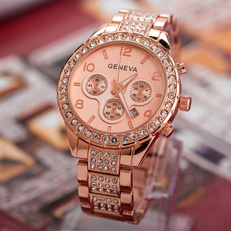 GENÈVE Genève Montre Diamant Trois Yeux Bracelet Acier Calendrier Montre Mode Féminine Loisir Montre Mécanique