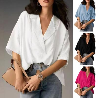 Women Shirt Loose Fit Lapel Half Sleeves Solid Color Pullover Tops Retro