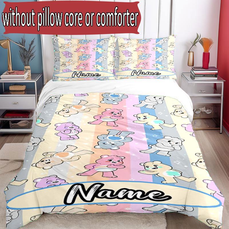 3'lü Nevresim Takımı (1*Nevresim Kılıfı + 2*Yastık Kılıfı, Çekirdeksiz), Kişiye Özel İsimli Care Bears Desenli Nevresim Takımı, Ev Yatak Odası Dekorasyon Hediyesi