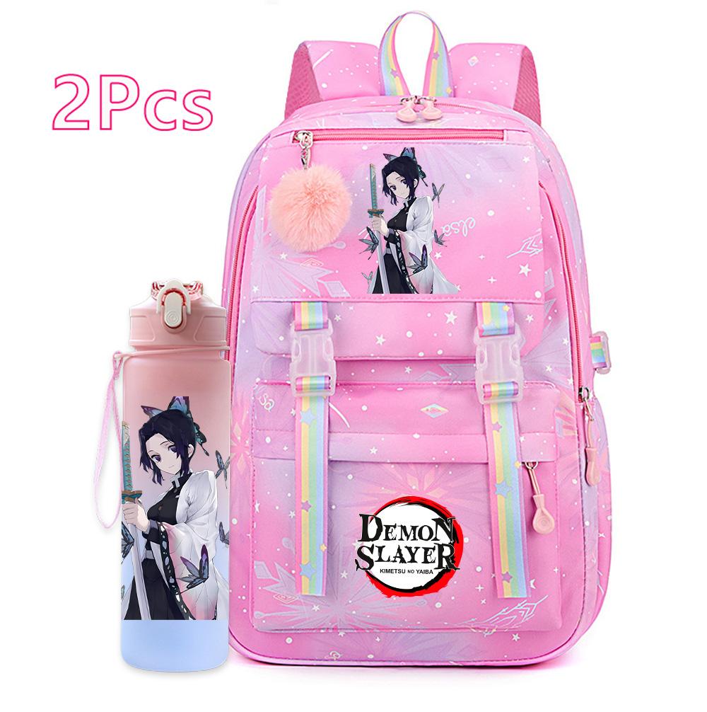 2Pcs/set Anime Cartoon Demon Slayer Printed Backpack with 750Ml Water Bottler for Teenager Bookbag Large Capacity Waterproof Travel Bag Gift