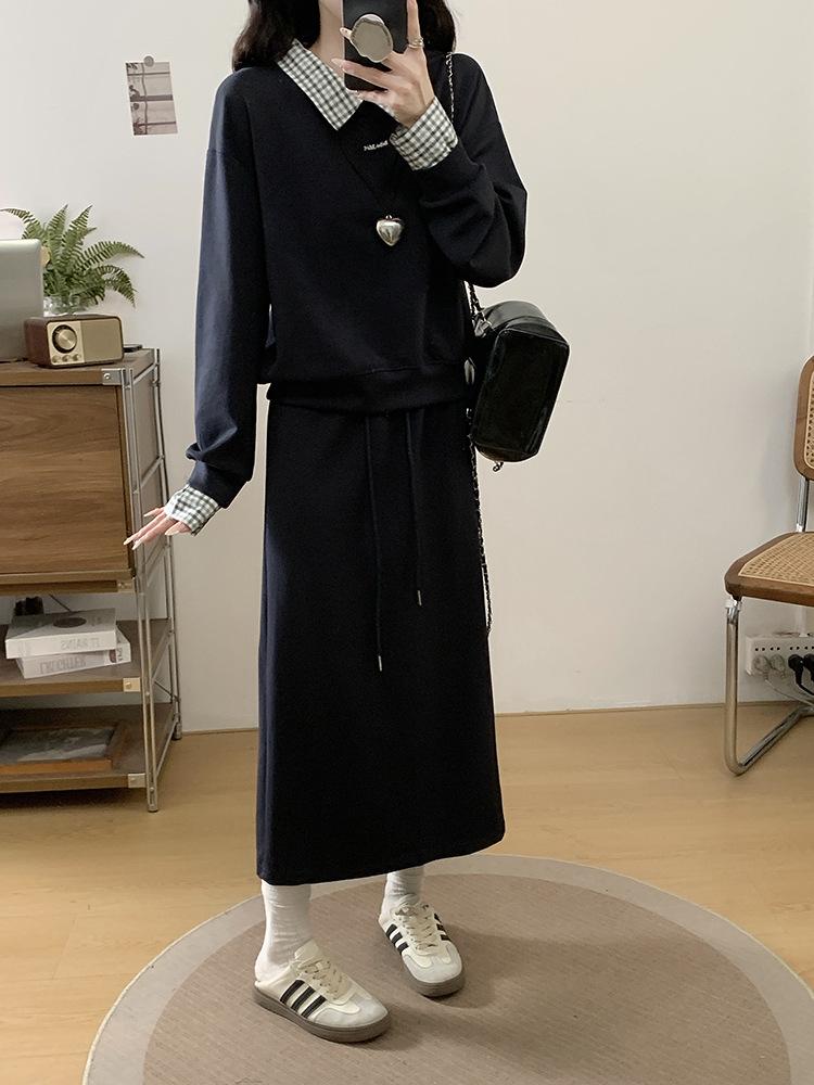 Spring 2026 Plus Size Women's Korean Casual Patchwork Hoodie & Skirt Set