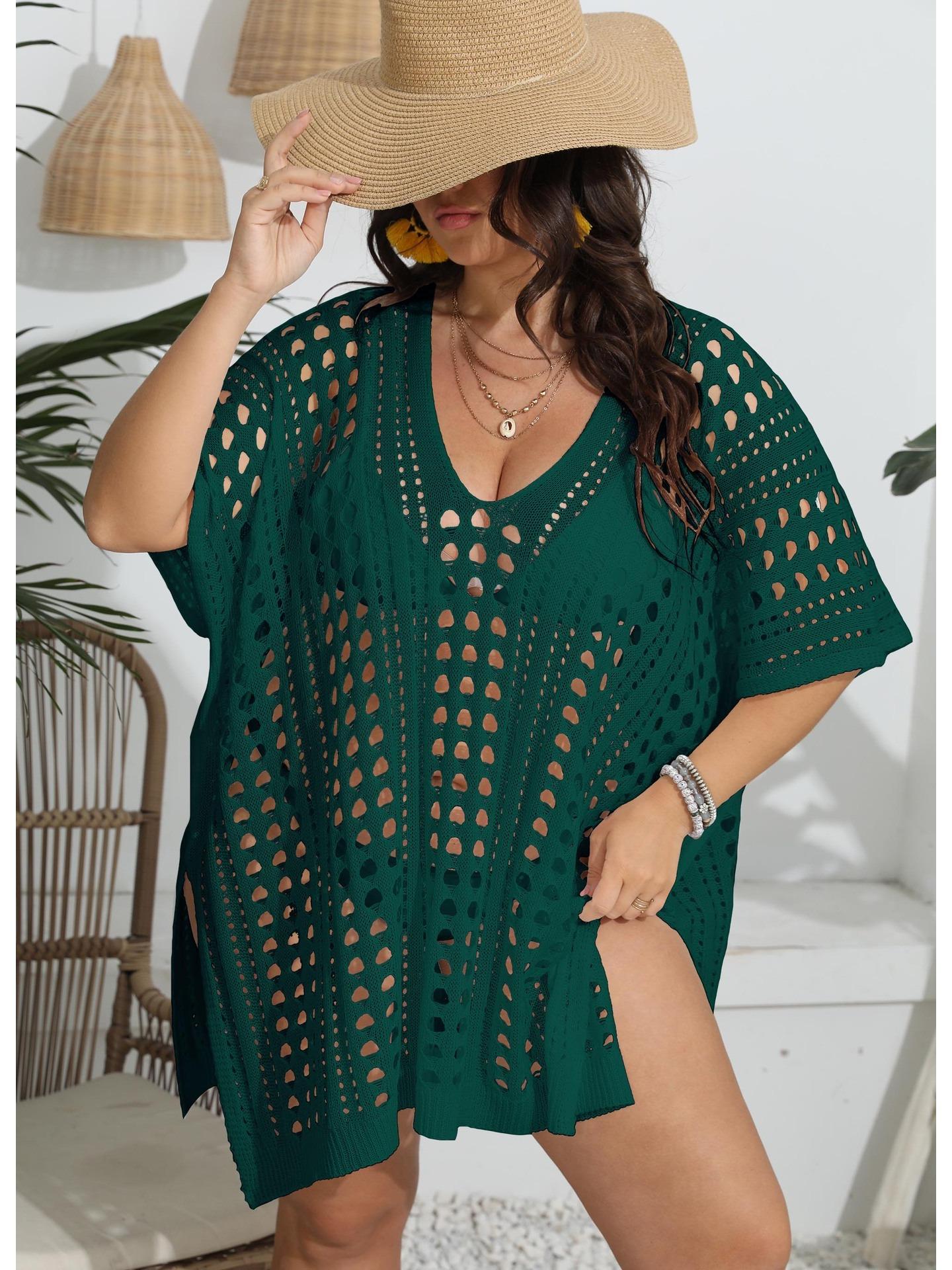 

Оверсайз бікіні Cover-ups Bohemian Beach Dress Solid Plus Size Beach Wear Women 2024 V-подібний виріз Sexy Cover Up Women one size темно-зелений колір