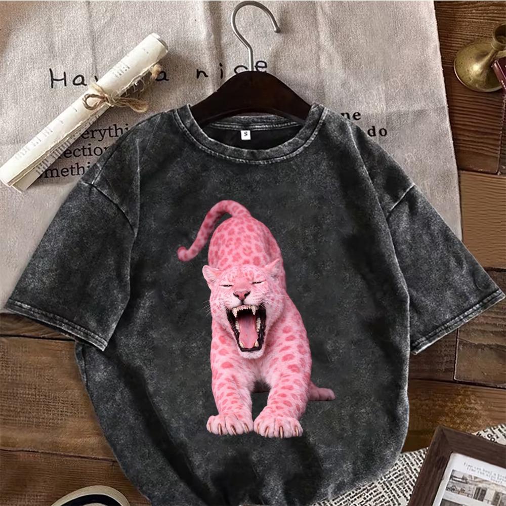 T-shirt Oversize Noir Lavé Vintage Style Léopard Streetwear Coton Manches Courtes Col Rond
