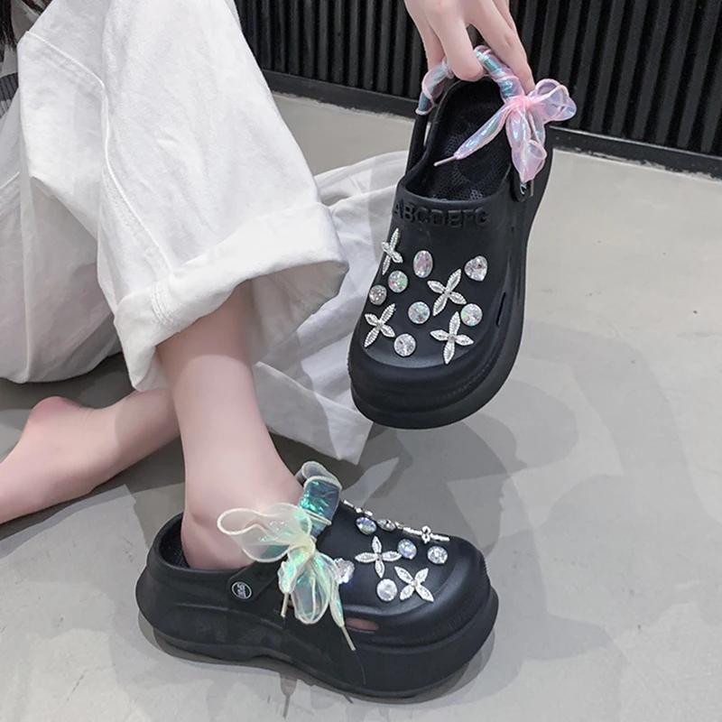 Fashion Luxury Rhinestone Chunky Sandals Women Laser Ribbon Platform Clogs Slippers Woman 2025 Summer Thick Bottom Garden Shoes Female