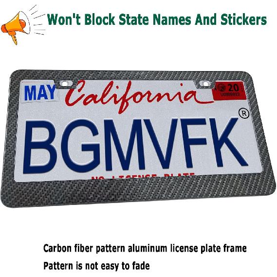 BGMVFK Carbon Fiber License Plate Frame- Black Aluminum Heavy Duty Car Tag Holder Cover, 2 Pack Rust/Rattle Proof Front & Rear Plate Mounting Kit-
