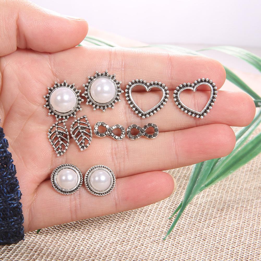 5 pairs Vintage Ear Studs Alloy Imitation Pearl Leaf Earrings Eardrop Gift for Women