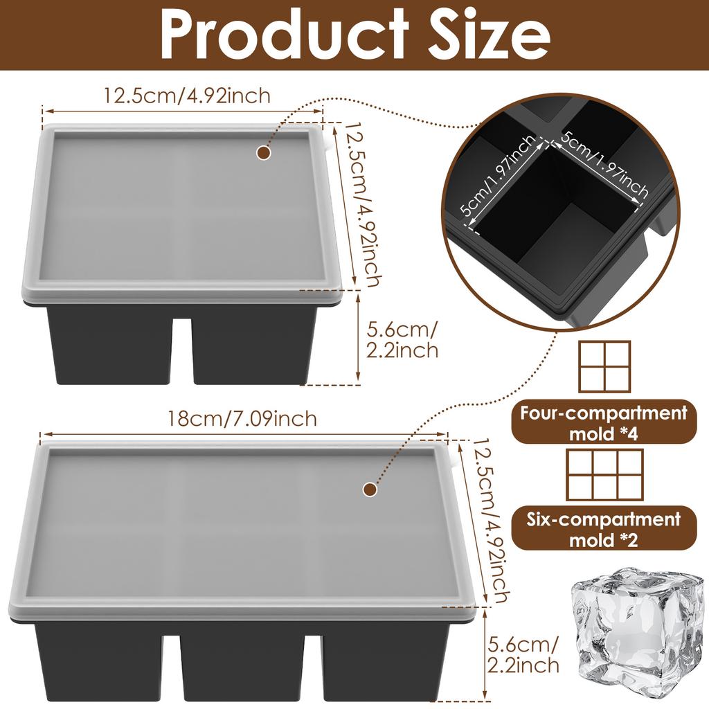 6 Pcs Silicone Ice Cube Tray 4/6 Grid Ice Cube Trays with Removable Lids Stackable Ice Cube Making Mold for Kitchen Accessories