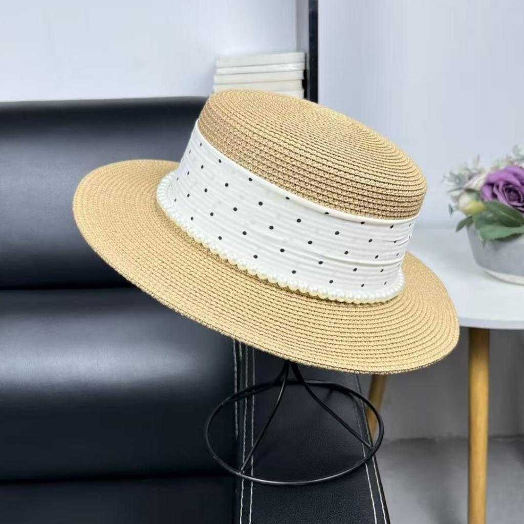 French Vacation Style Polka Dot Flat Top Top Hat Women's Summer Elegant Pearl Straw Hat Travel Seaside Sun Protection Hat