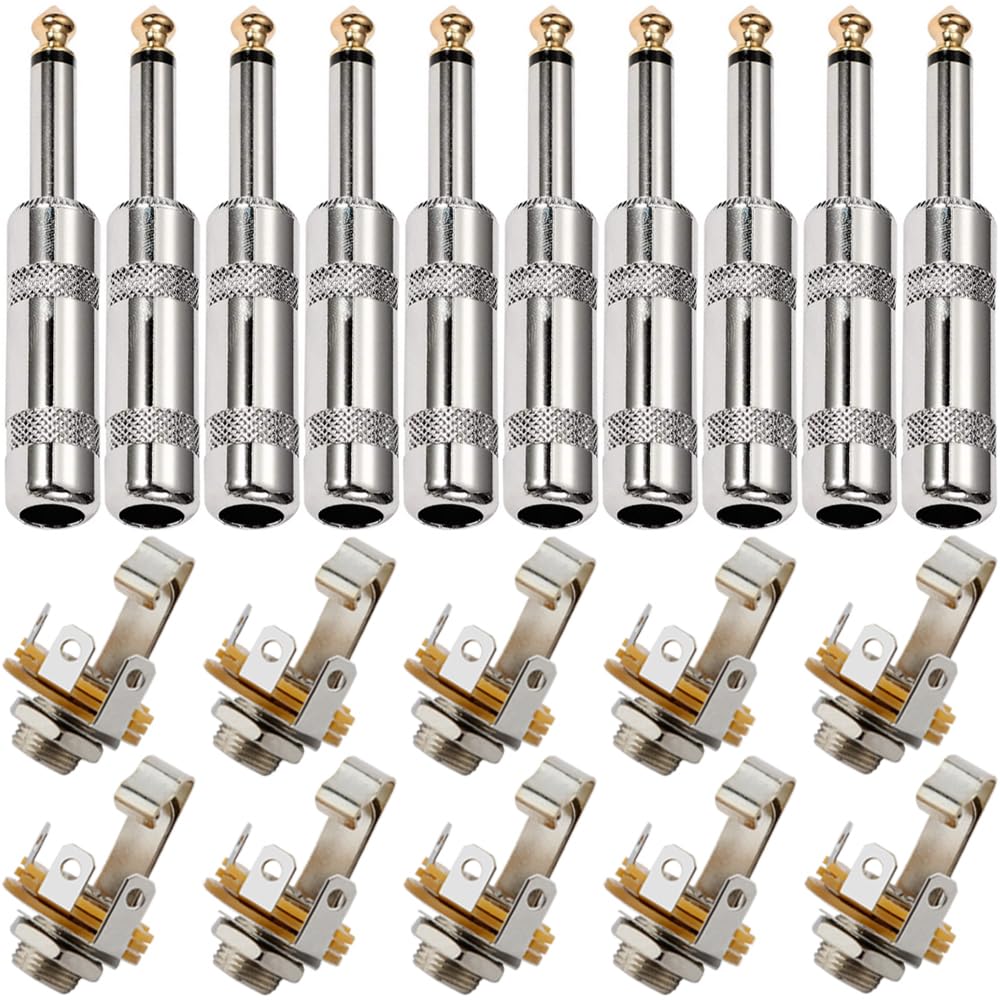 

Xiatiaosann 6.35mm Microphone TS Socket Panel Mount Female Jack with 6.35mm Heavy-Duty TS Mono Male Solder Jack Connector (20-Pack)