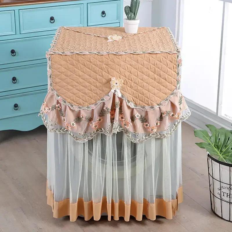 Washing Machine Cover Universal Washing Machine Cover with Roller and Wave Wheel Upflip Washing Machine Dustproof Lace Cover