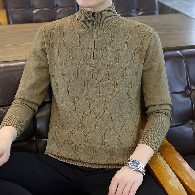 Men Half Zip Mock Neck Diamond Cable Knit Long Sleeve Pullover Sweater