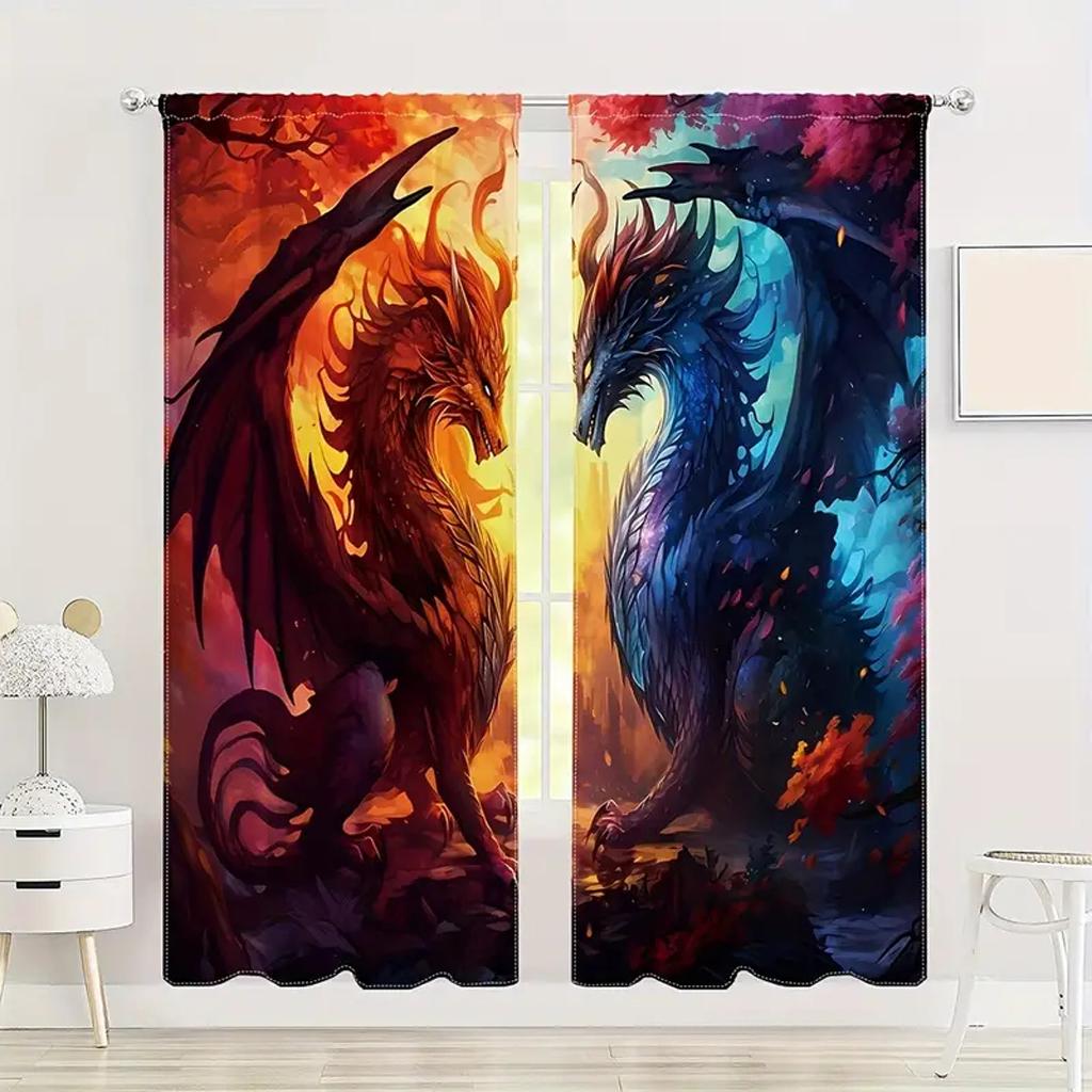 2 PCS Chinese Happy New Year Dragon Pirnt Curtains, 3D Print Window Curtains for Living Room Bedroom Red and Gold Free Shipping