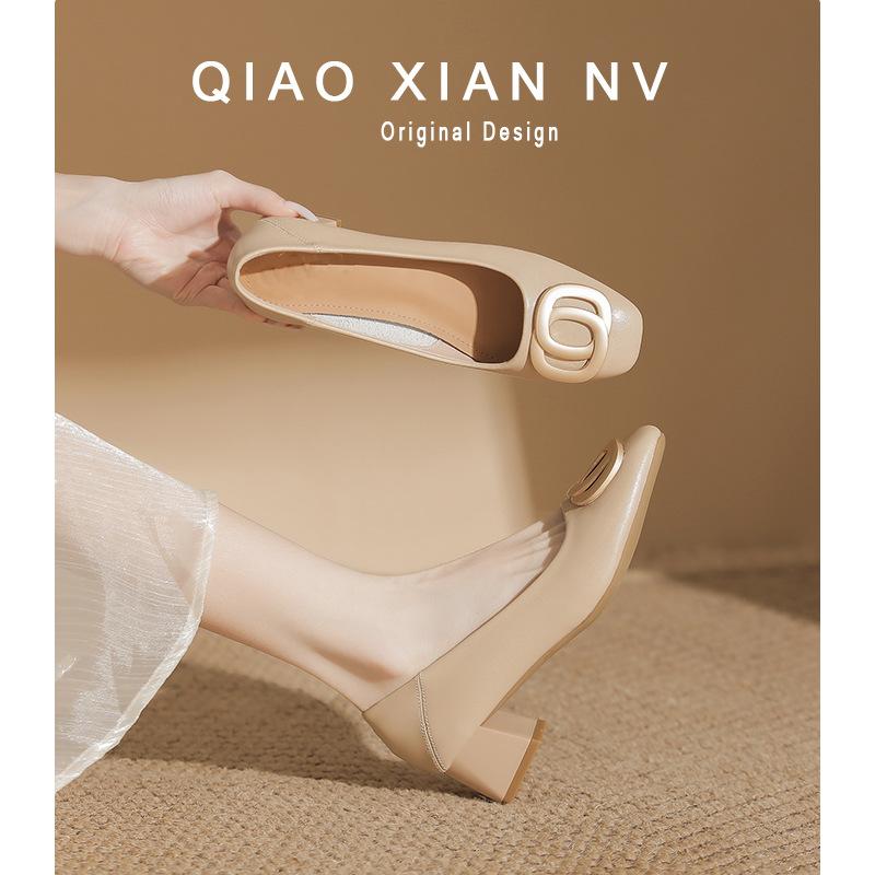 Giant soft~ French leather square head soft leather single shoes versatile temperament thick heel light mouth spring and autumn shoes professional