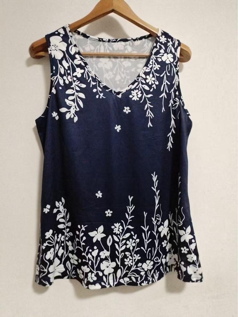 European Summer Fashion: Printed V-Neck Sleeveless Plus Size Casual Holiday Vest for Women