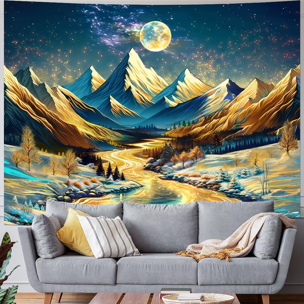 Magical Mountain River Tapestry, Golden Moon & Starry Sky Over Snowy Peaks Print, Wall Hanging for Nature Aesthetic Decor