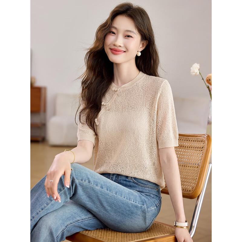 Sanpowa Women s Chinese Style Pullover Short Sleeve Knit Top One Size бежевый