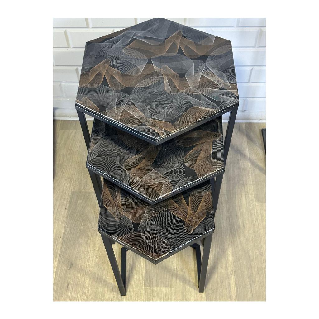 Master Hexagon Black Metal Black Glass 3-piece Nesting Table