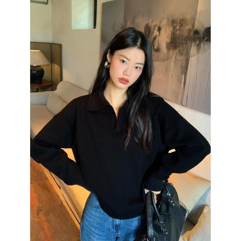 Black polo neck sweater women's casual lazy wind loose v-neck pullover knitted top new in autumn and winter