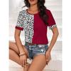 Women's Summer Leopard Print Patchwork T Shirt Round Neck Short Sleeved Top for Women