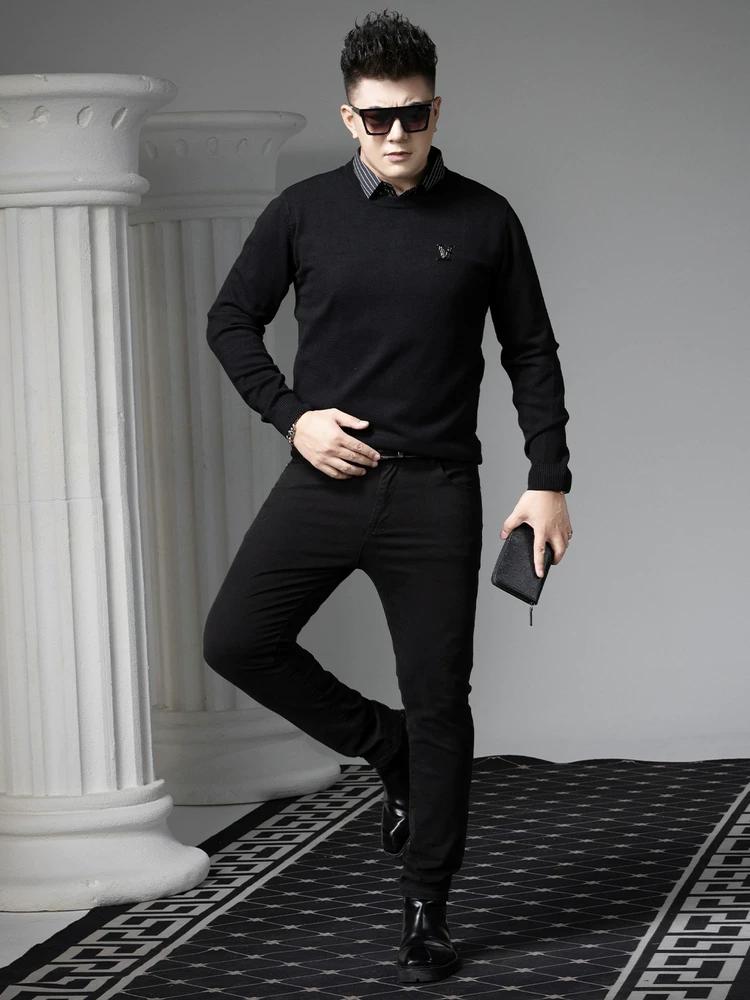 European Station 2025 Autumn/Winter New Round Neck Faux Two-Piece Sweater Men's Trendy Badge Warm Knitted Base Shirt