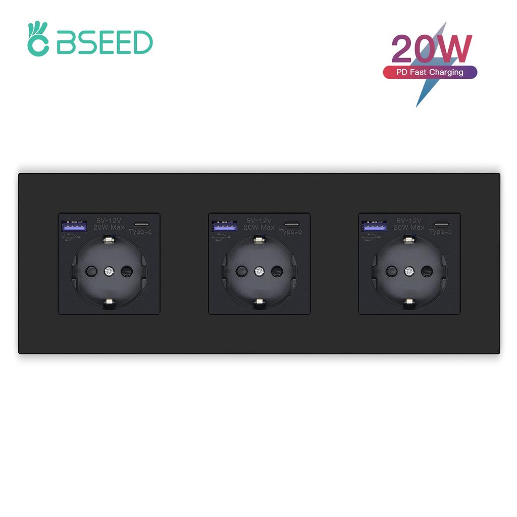 BSEED Einzelne EU-Wandsteckdose Doppel-USB-Steckdosen Typ C Dreifache Steckdosen Vier Steckdosen USB-C-Anschluss 2,1A Kunststoffrahmen