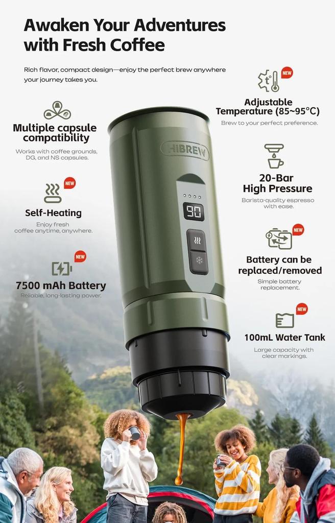 Aparat de cafea espresso portabil HiBREW pentru mașină și casă, aparat de cafea pentru camping, compatibil Nespresso, capsule Dolce, pudră H4C