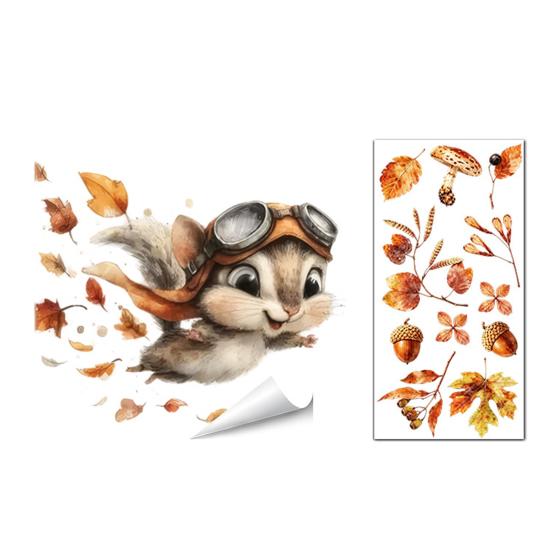 Decorative Window Film for Autumn Decor Static Sticker with Cute Animals & Maple Leaves, Removable Harvest Durable Clings Store Fronts