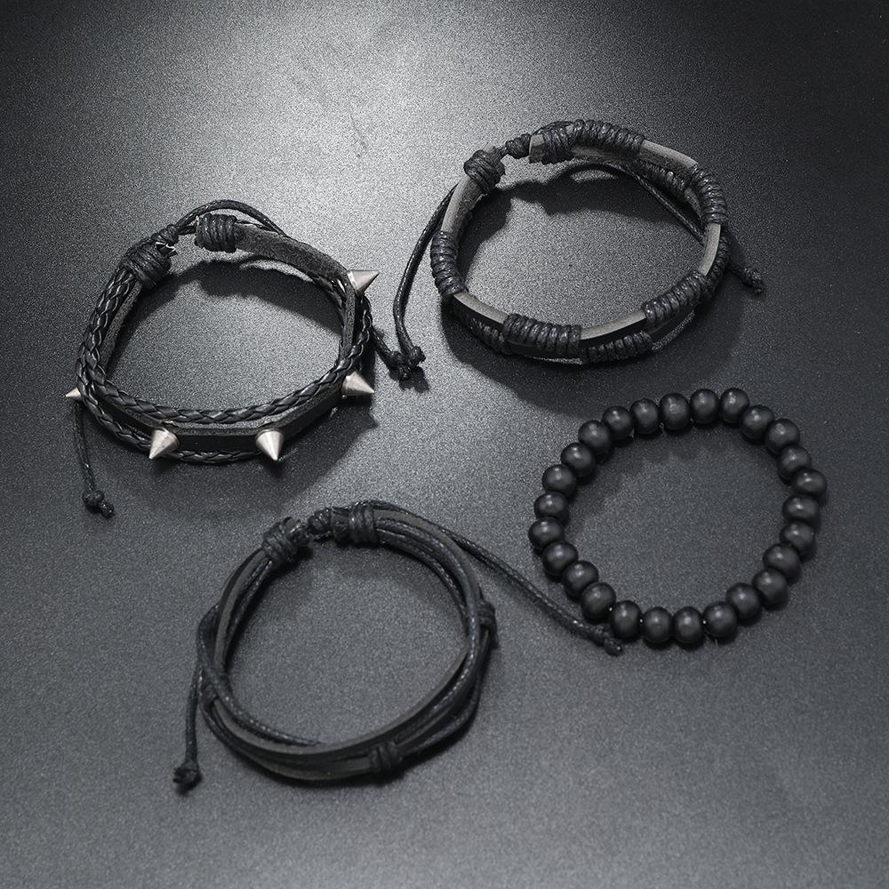 Foreign trade cross-border personality trend rivet hip-hop bracelet wooden bead bracelet set handmade leather woven men's bracelet