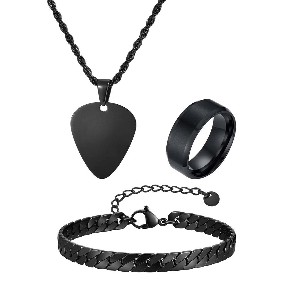 Vnox Men's 3pcs Stainless Steel Jewelry Set, Guitar Pick Pendant Necklace Classic Plain Ring Cuban Chain Bracelets Jewelry Set