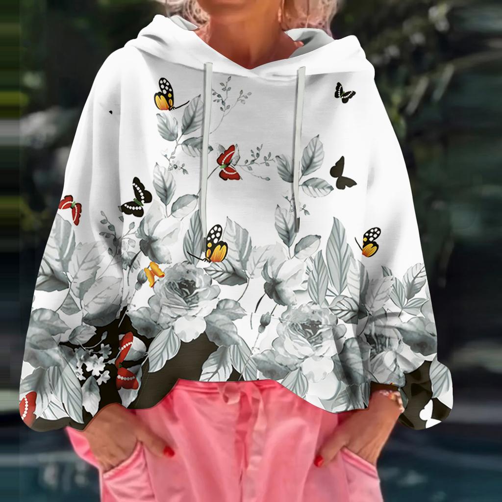 Women's Floral Print Loose Casual Long Sleeved Hooded Sweatshirt