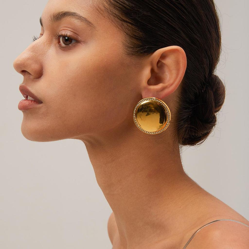 18k Gold-Plated Stainless Steel Diamond Inlaid Round Disc Earrings