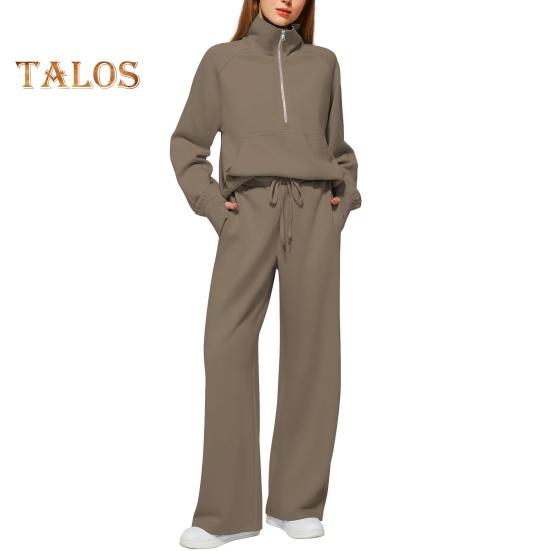 2 ks/sada dámských topů a kalhot, sada s poloviční zipem, odkládacím límcem, dlouhým rukávem, mikinou s elastickým pasem a širokými nohavicemi, sportovním oblečením, podzimním oblečením a volnočasovými aktivitami