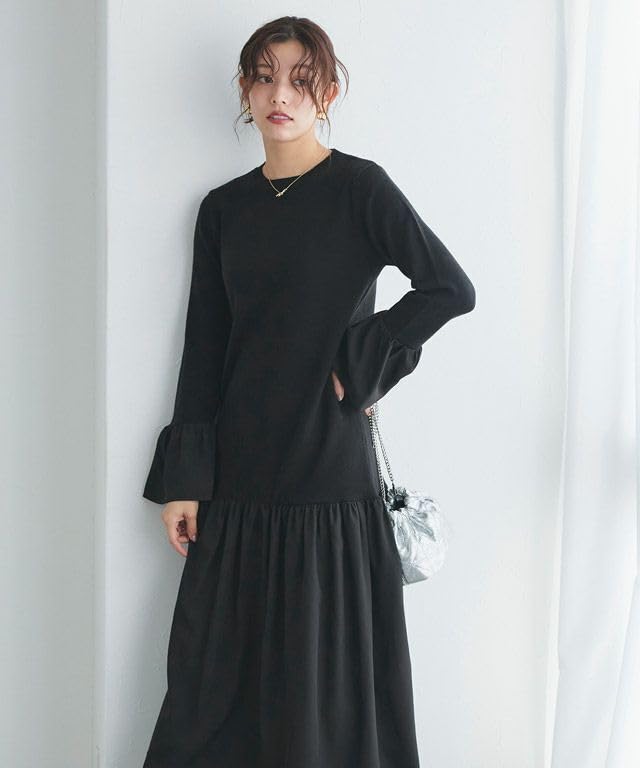 Pierrot Knit Rayon Flared Size Black Mixed-Material Dress, Blend, Gathered, Silhouette, Women's, M,