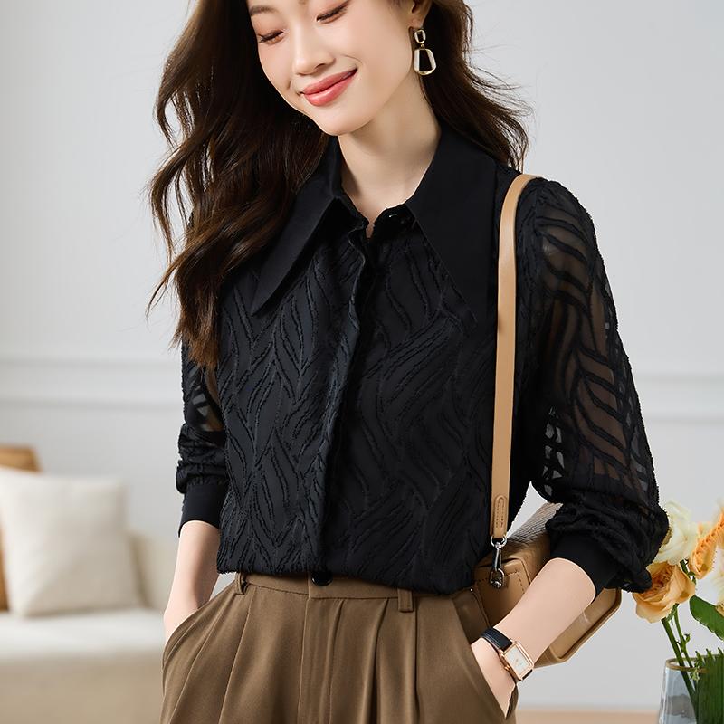 Dámské halenky Košile 2025 Jarní Dlouhý rukáv Dámská Halenka Košile Turn Down Límeček Černá Šifon Halenka Košile Dámské topy J831