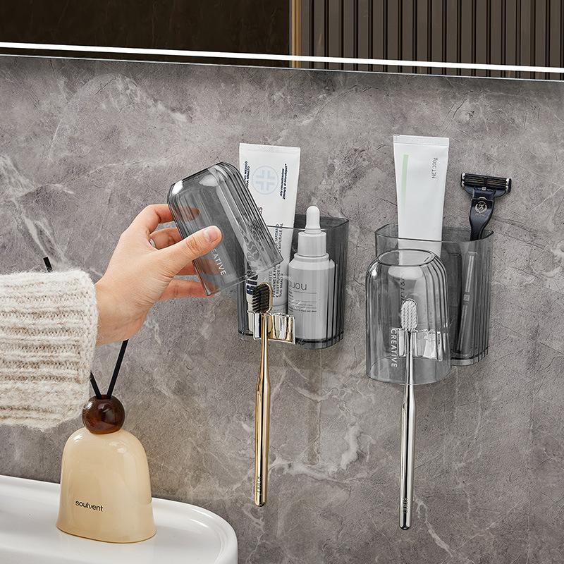 Set Organizzatore Portaspazzolino da Parete Senza Foratura, Scaffale da Bagno Senza Cuciture con Bicchiere per Collutorio per Spazzolino & Dentifricio