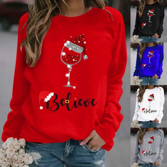 Sweatshirt Jumper Loose Fit Thick Autumn Winter Shiny Wine Cup Print Christmas Sweatshirt for Home