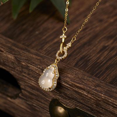 New Chinese Style S925 Sterling Silver Natural White Chalcedony Gourd Necklace, Luxury Interlocking Clavicle Chain Jewelry For Women