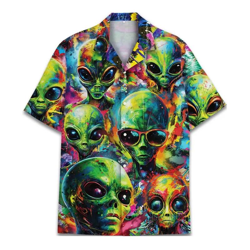 

Men s Alien Bigfoot Shirt 3D Neon Print Short Sleeve Hawaiian Shirt Summer Oversized Hip Hop Tops 6XL