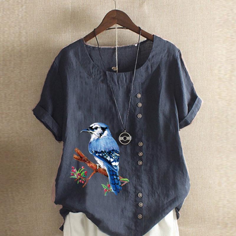 

Женская мода, летняя футболка с круглым вырезом и коротким рукавом, повседневная хлопковая льняная рубашка с рисунком, свободная блузка с принтом для отдыха, топы больших размеров XXXL темно-синий